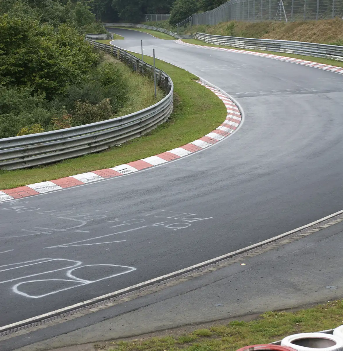View of the corner on the Nürburgring circuit surrounded by trees