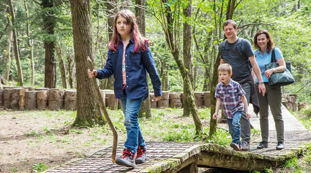 Little girl leading family on hike over bridge in woodland