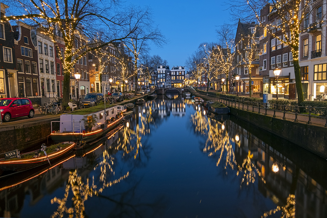 Trees lit up with Christmas lights either side of an Amsterdam canal