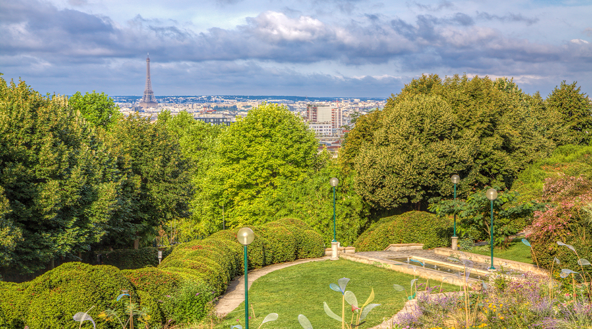 View of Paris skyline including Eiffel Tower from the Parc de Belleville, Paris