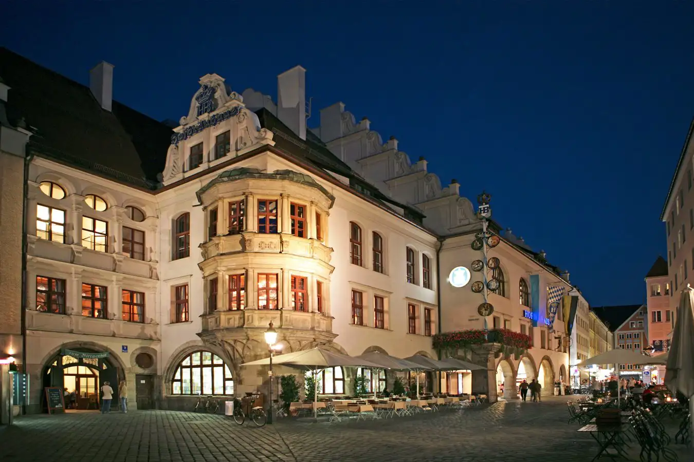 The Hofbräuhaus in in Munich, Germany which has brewed or served beer since 1589 at dusk