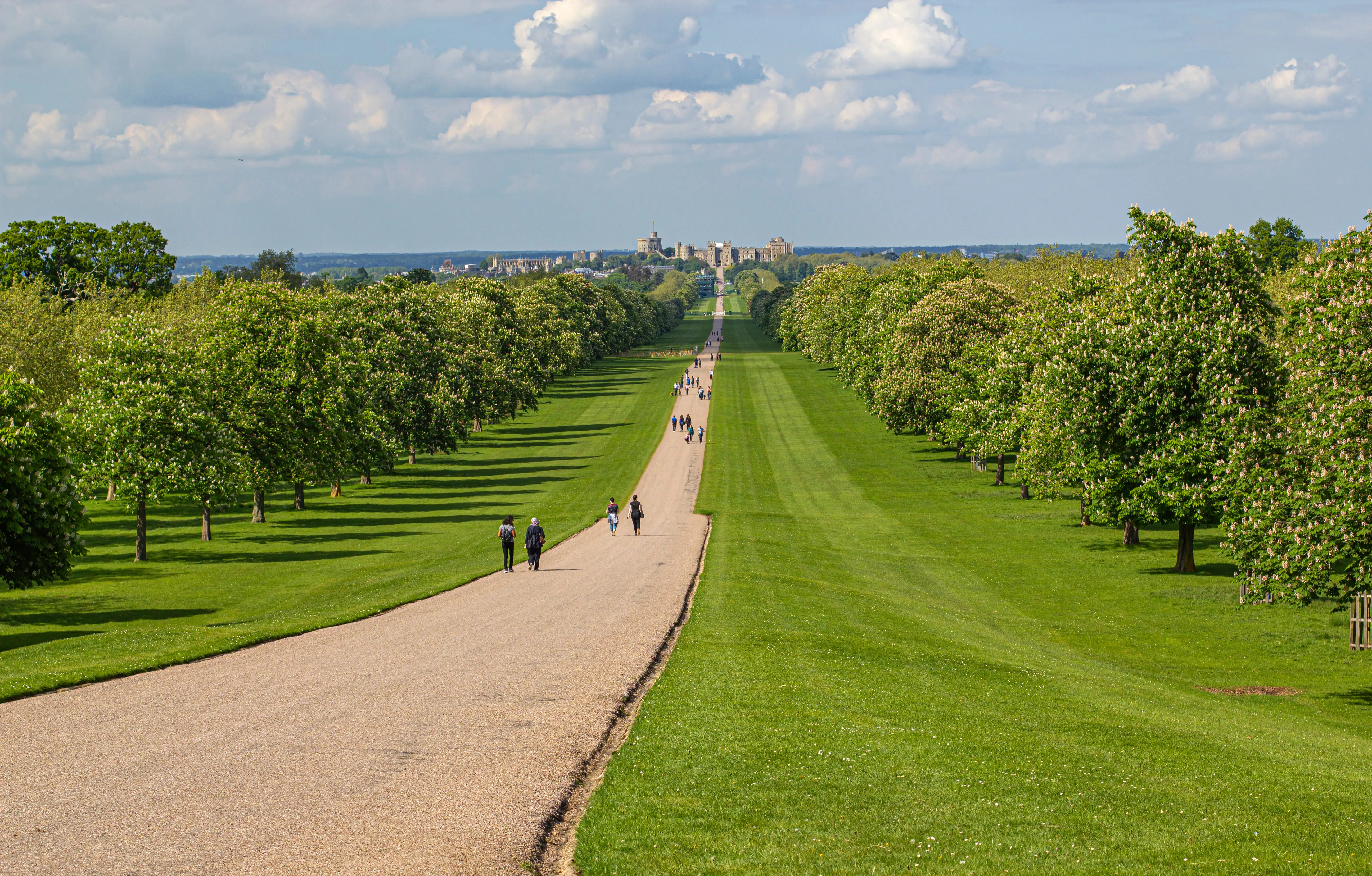 Een lang wandelpad leidt naar Windsor Great Park in de verte.