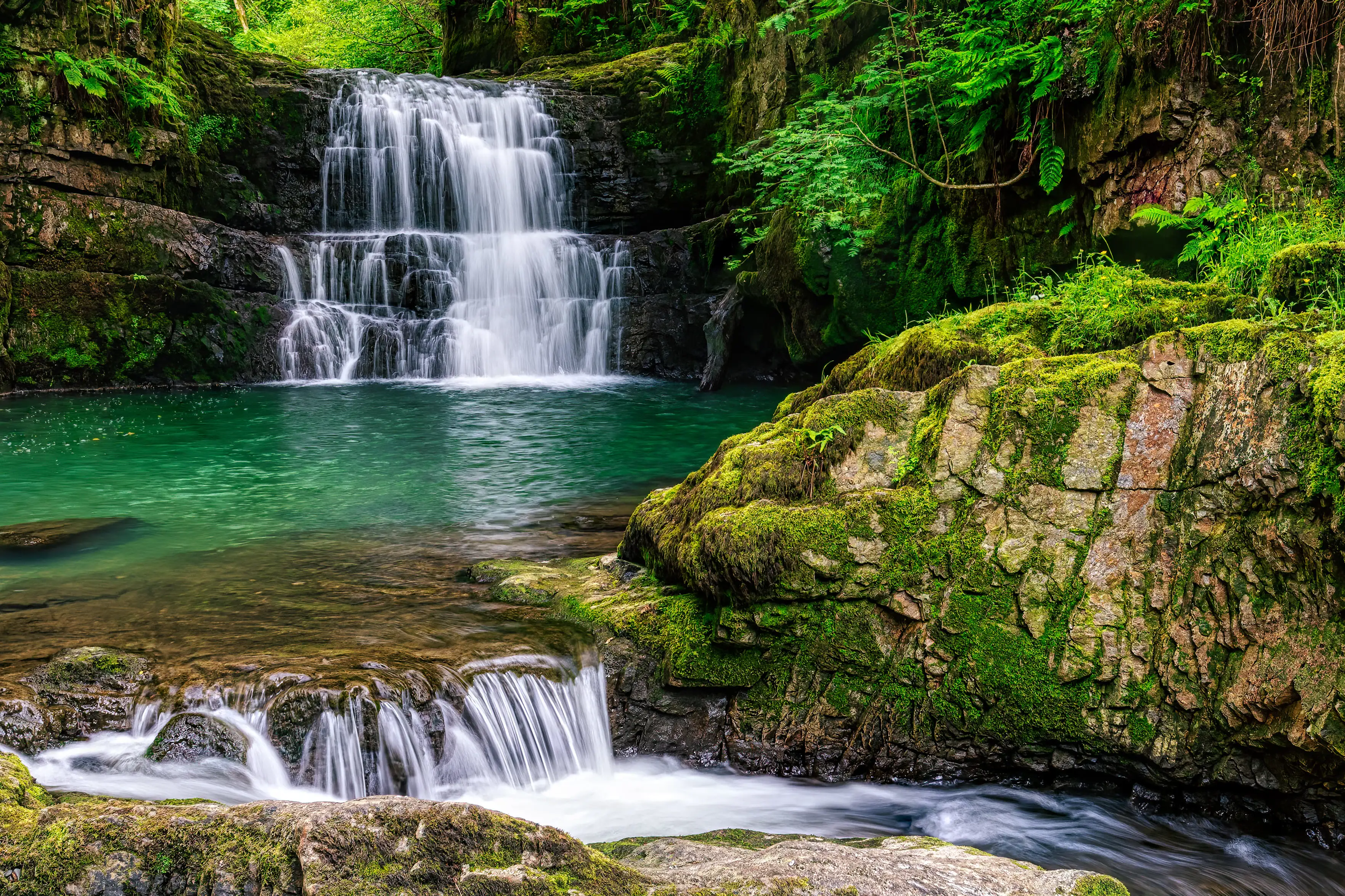 De Sychryd-watervallen over met mos bedekte rotsen, omgeven door een fris, groen bos in het Brecon Beacons National Park.