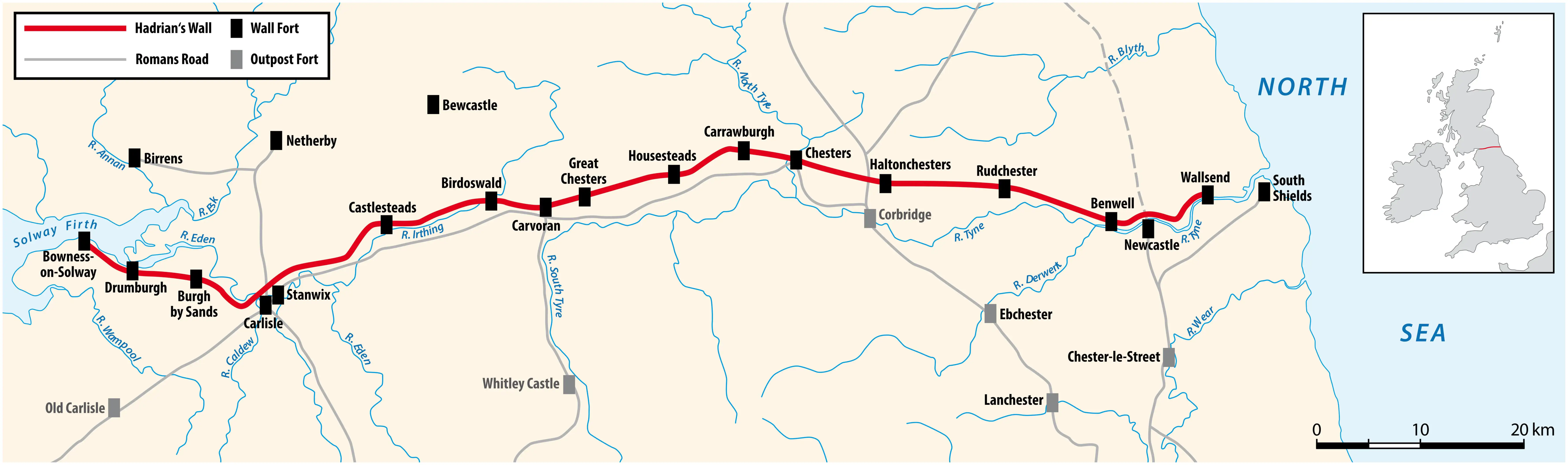 Carte du mur d’Hadrien dans le nord de l’Angleterre.