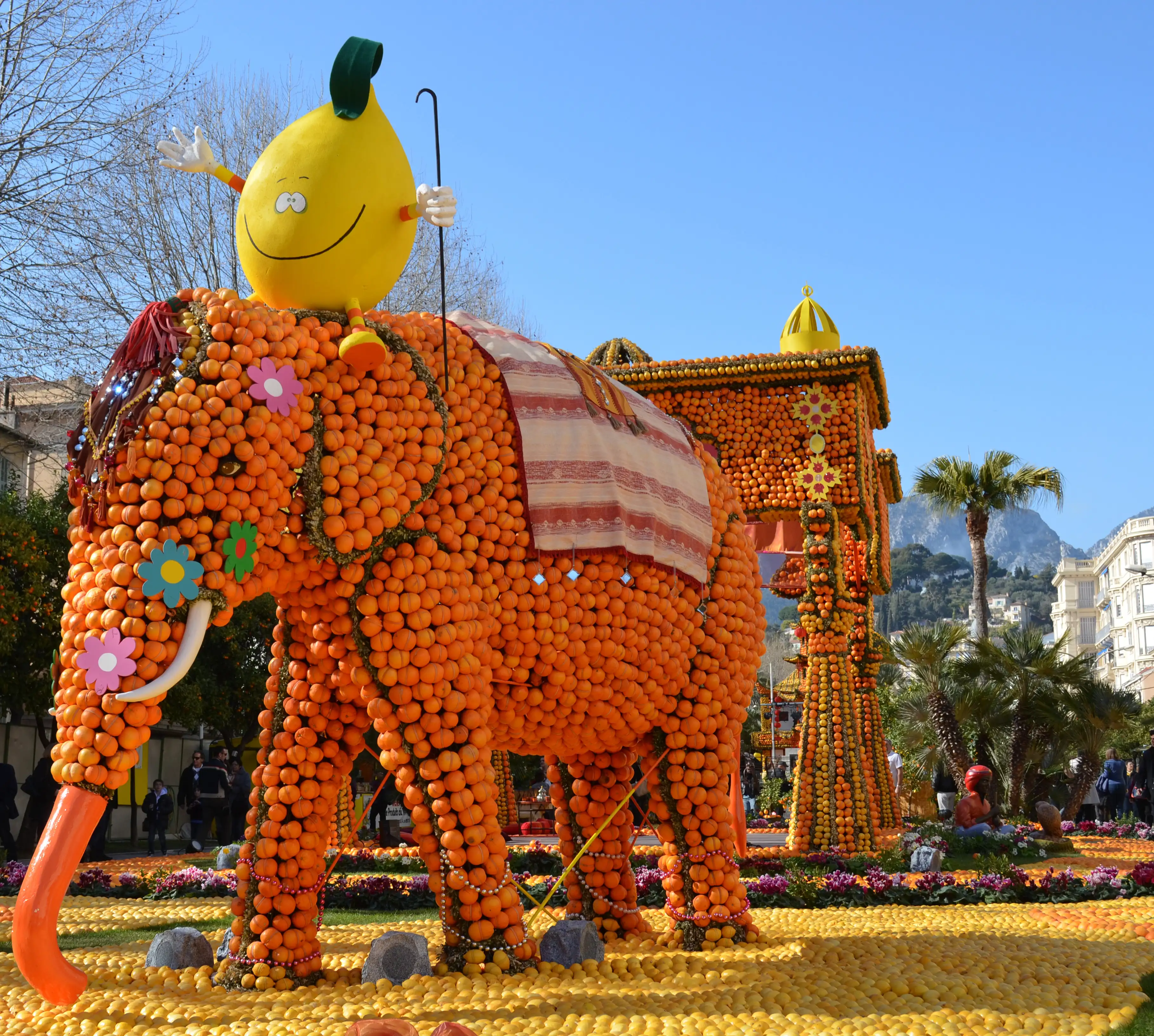 Elephant sculpture made from oranges and lemons