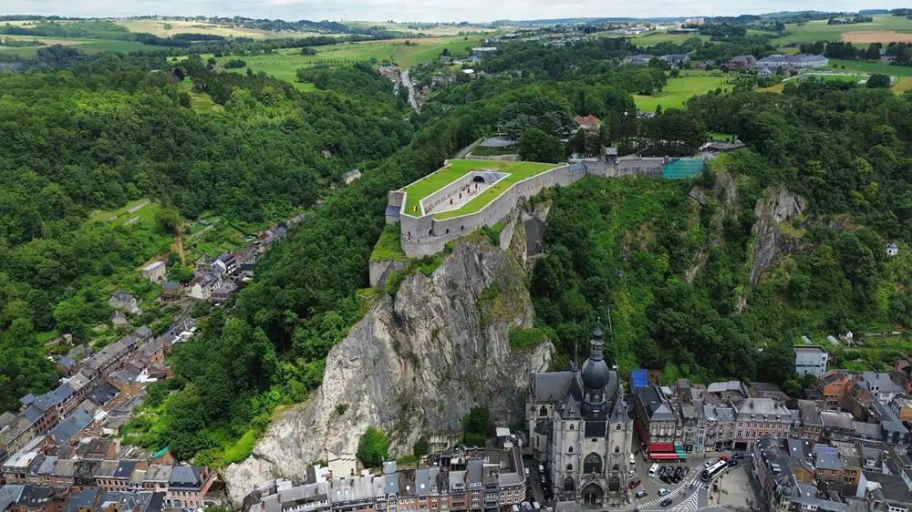 Aerial view of the citadel and cliffs above Dinant