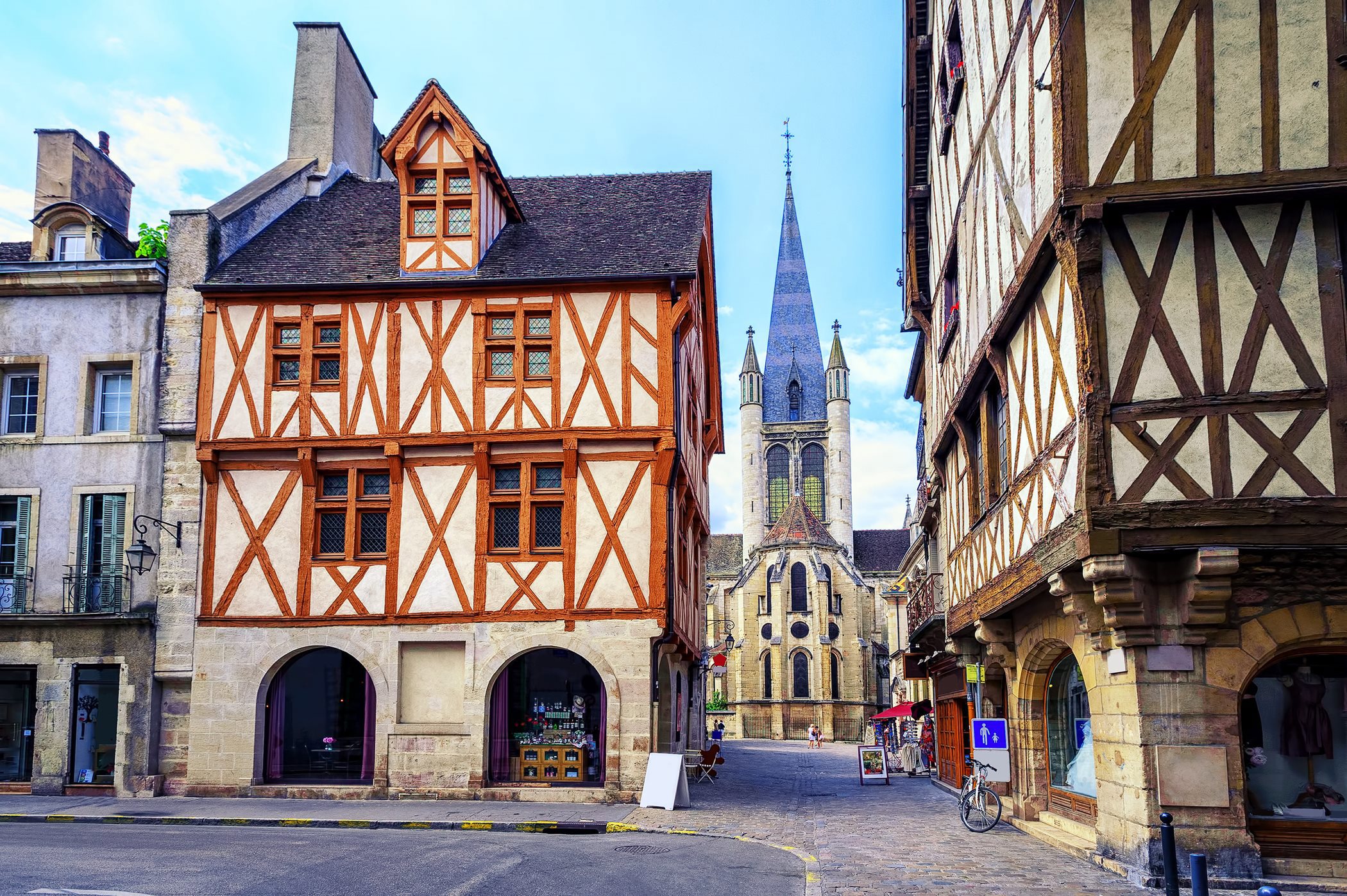 Dijon Old Town with Medieval buildings and the cathedral in view.