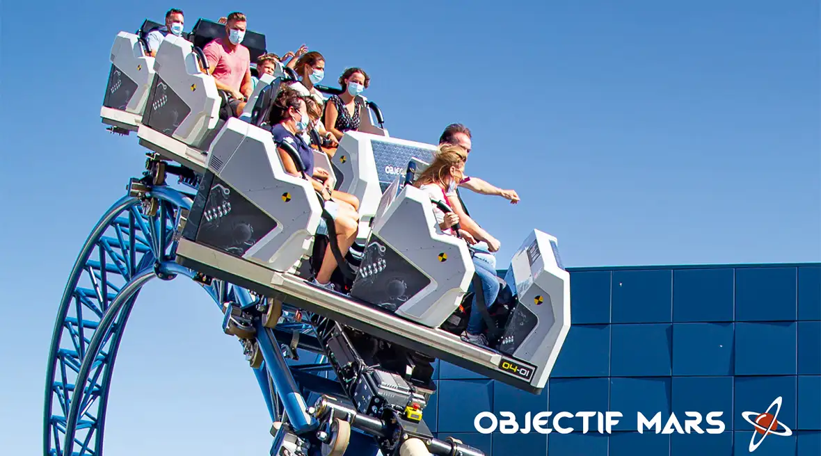 Visitors riding the Destination Mars ride at Futuroscope.