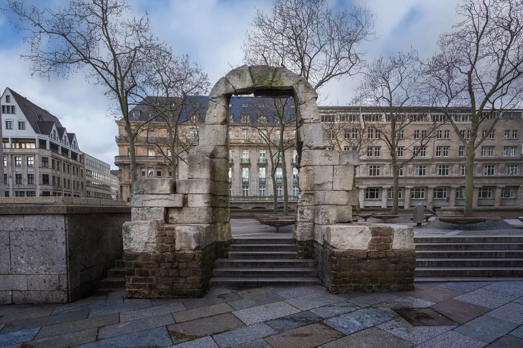 The ruins of the side portal of the Roman North Gate in Cologne, Germany.