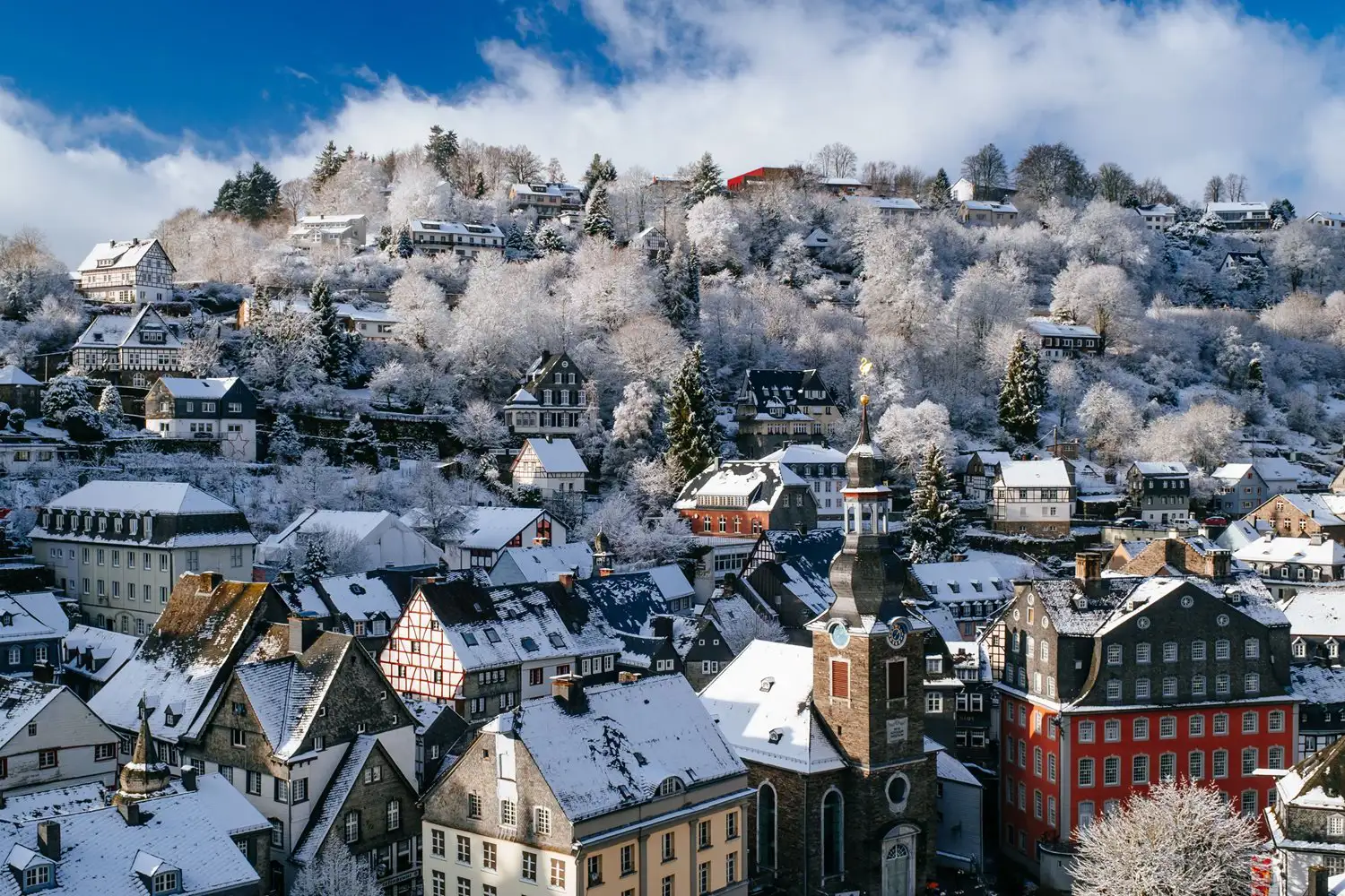 Snow covered buildings in Monschau, Germany