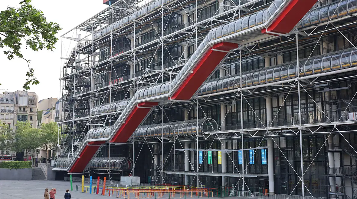 Exposed pipes, stairwells and walkways of the Pompidou Centre in Paris.