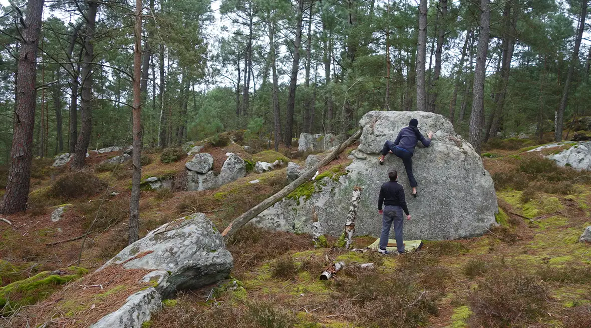 two people bouldering in a forest setting