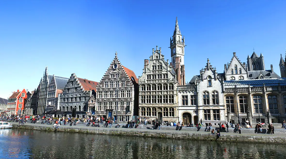 View from the canal in Ghent Belgium, looking towards the medieval city centre