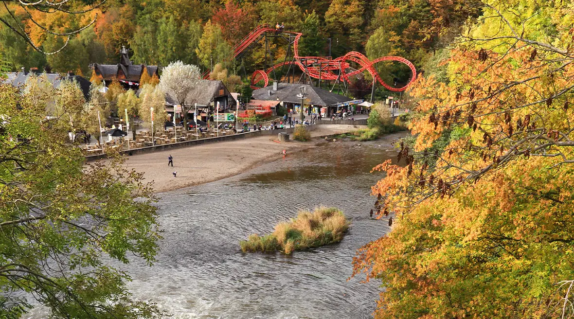 Looking down on Plopsa Coo Park from the top of the waterfalls