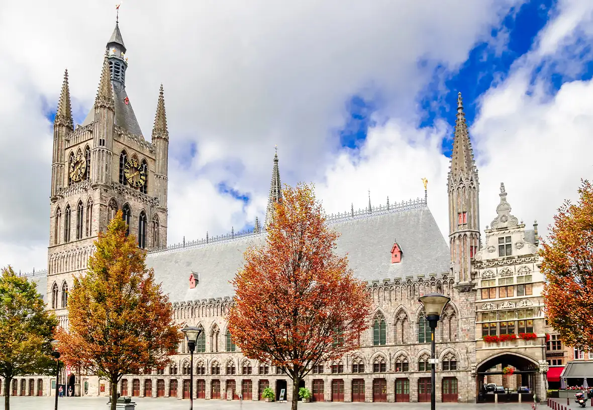 Building with impressive and detailed architecture and clock tower with tree lined street in foreground