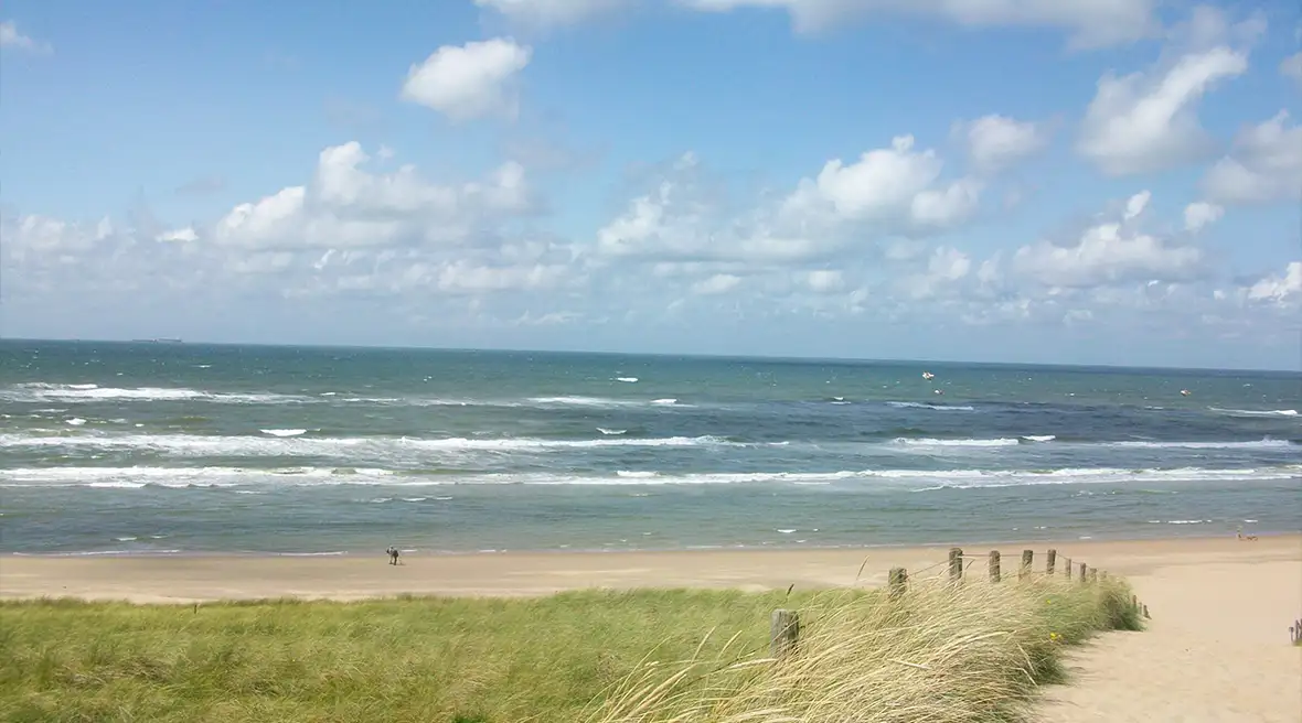sandy path marked with wooden posts leading to blue sea and beach
