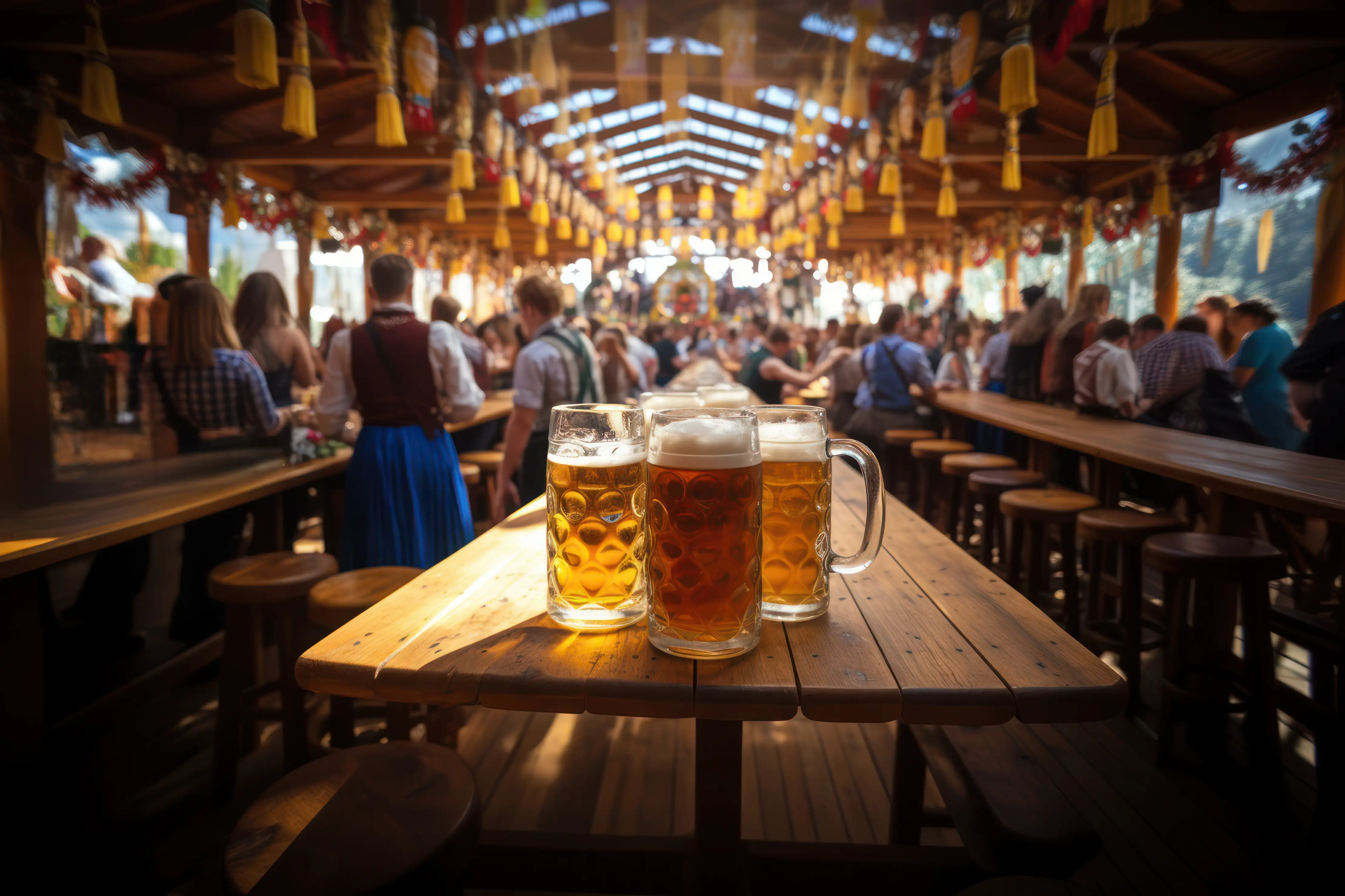 Beer mugs on a table at Oktoberfest in Munich with people dressed in traditional Bavarian outfits drinking beer and having fun in a tent interior