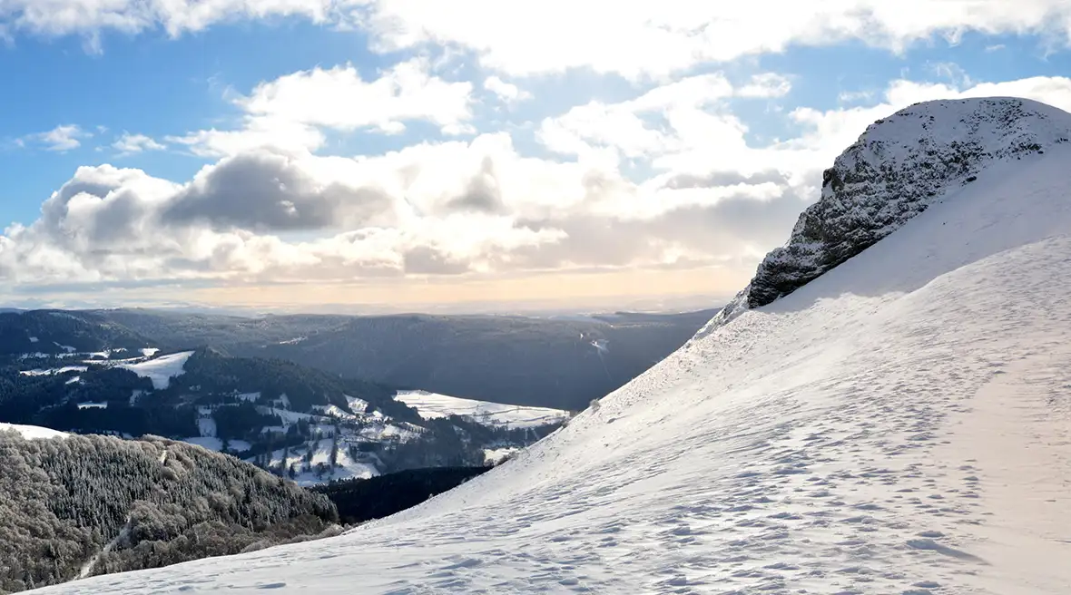 panoramic view of snow covered mountains from peak