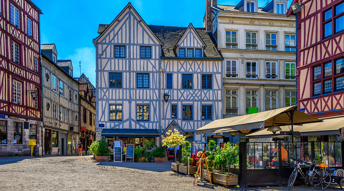 Historic buildings with attractive gables and awnings