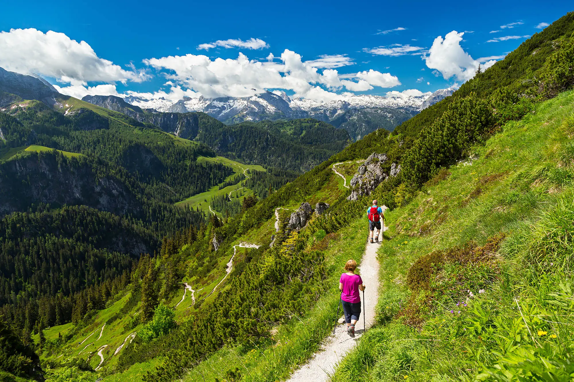 Two hikers on a narrow mountain in the Alps, Europe. A sunny mountain landscape can be seen in the background.