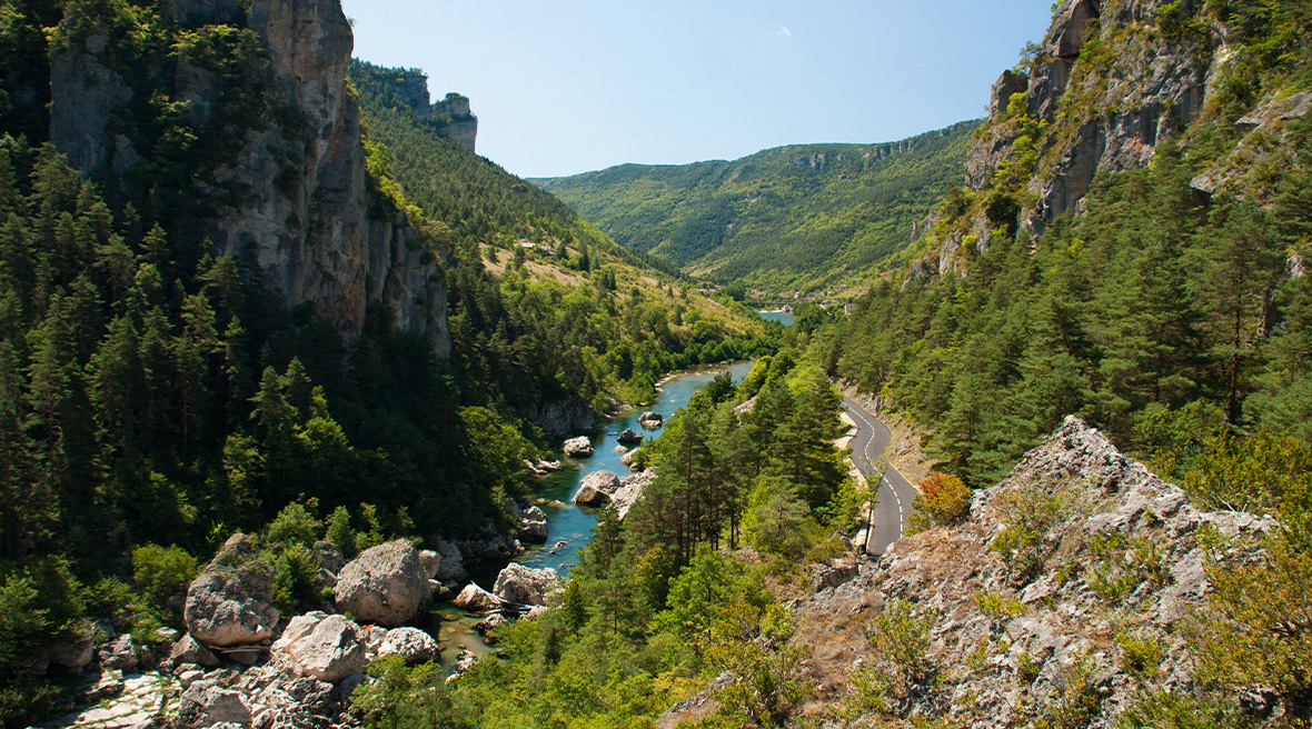 Aerial view of Gorges du Tarn running through the mountains in France