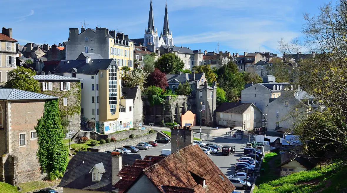 Overview of Pau city with church spires in the background