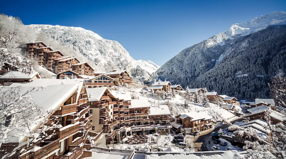 Small snowy mountain village in the French Alps in winter