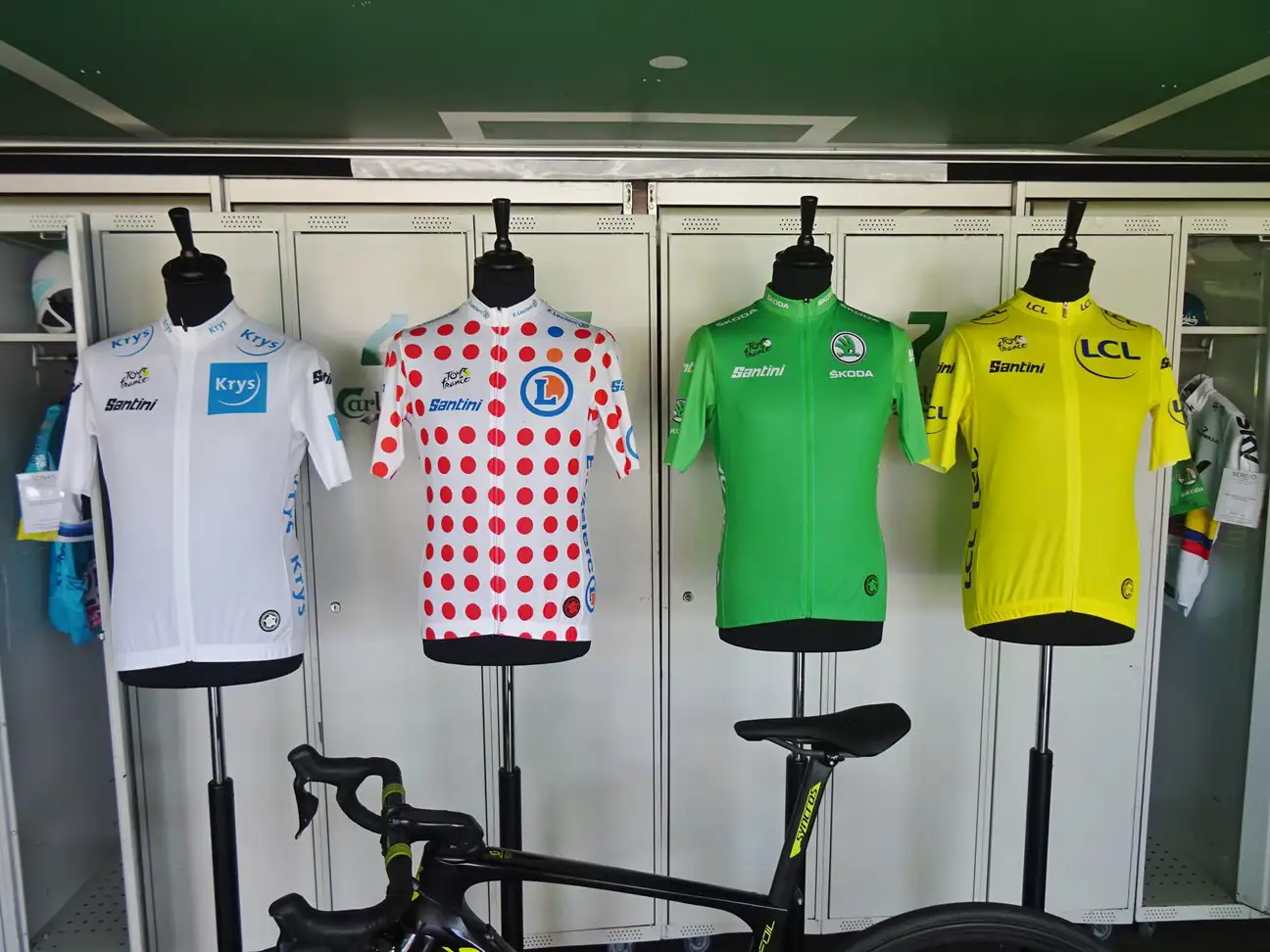 White, polka dot, green and yellow jerseys of the Tour de France