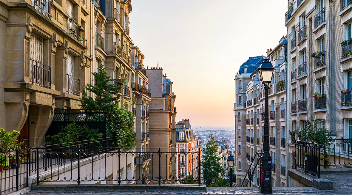View of cozy street in quarter Montmartre in Paris, France.