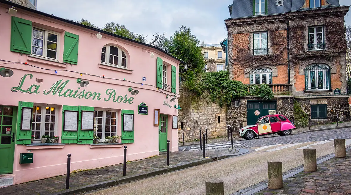 View of La Maison Rose a restaurant in Rue de l'Abreuvoir in the heart of Montmartre