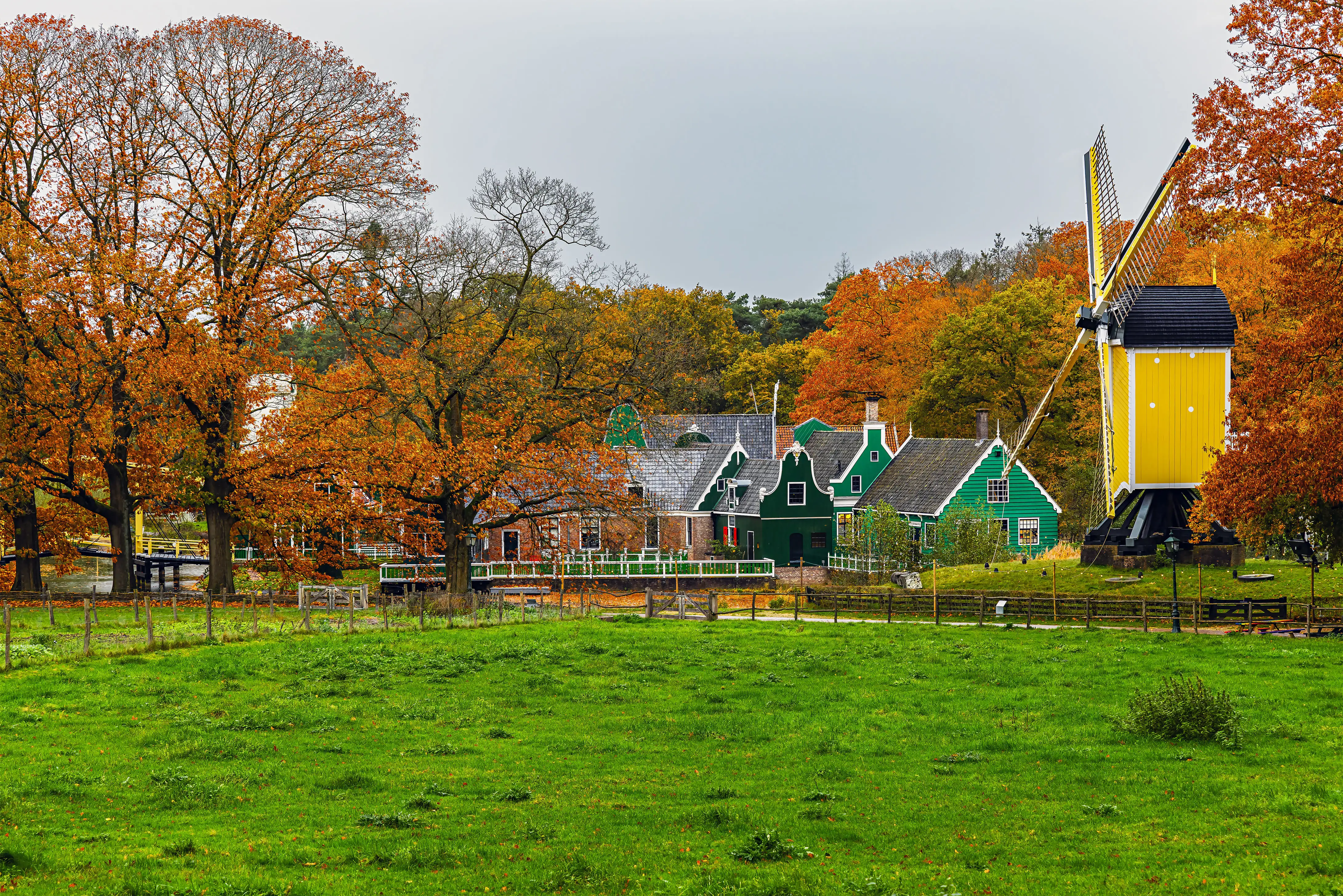 Green gabled houses and a yellow windmill, Netherlands Open Air Museum, Arnhem