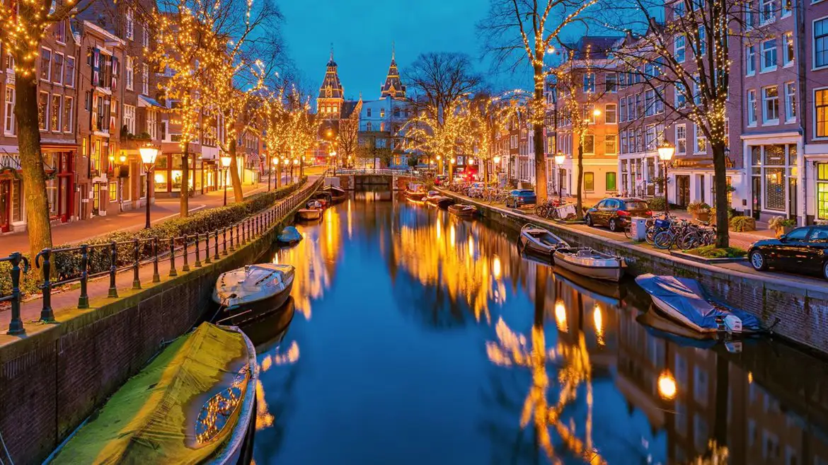 Christmas lights on canals of Amsterdam