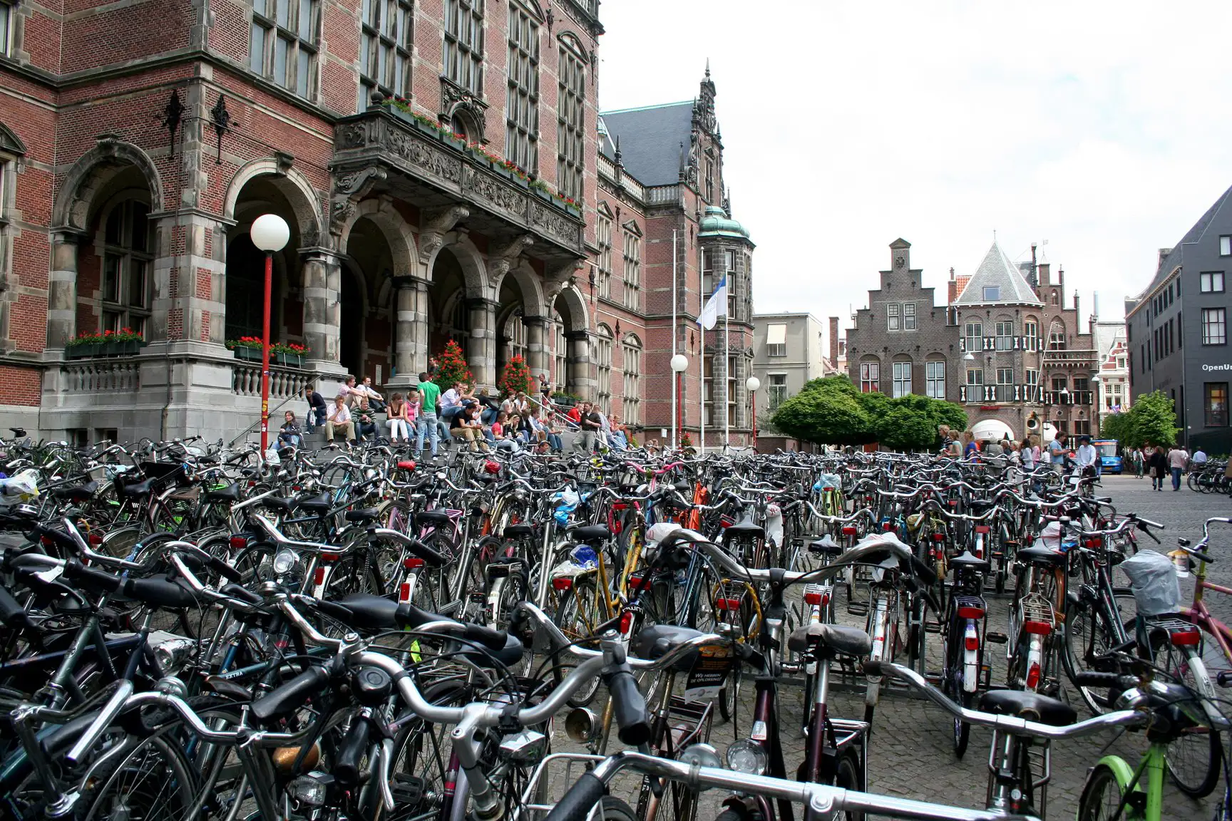 Hundreds of bikes at a bike rack outside the University of Groningen