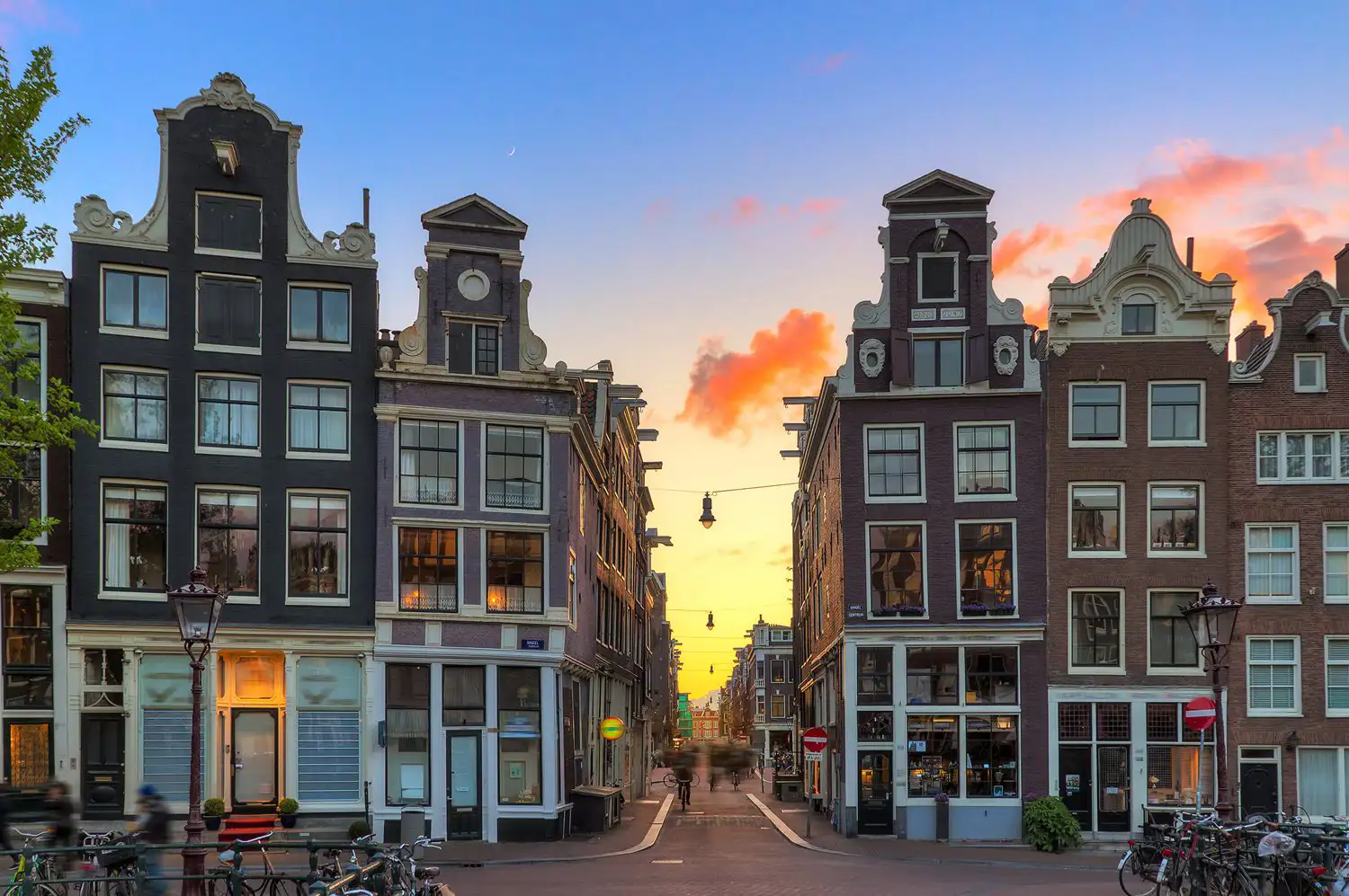 Beautiful sunset at one of nine little streets in Amsterdam, the Netherlands