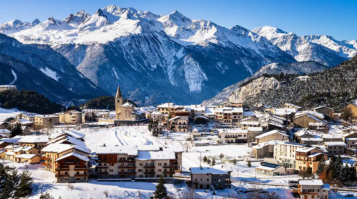 Snow-covered pretty village in an Alpine area