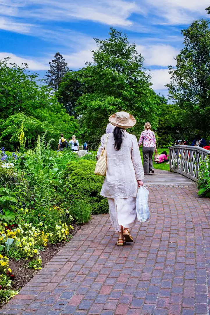 Besucher, die auf einem Weg durch die Kew Gardens spazieren.