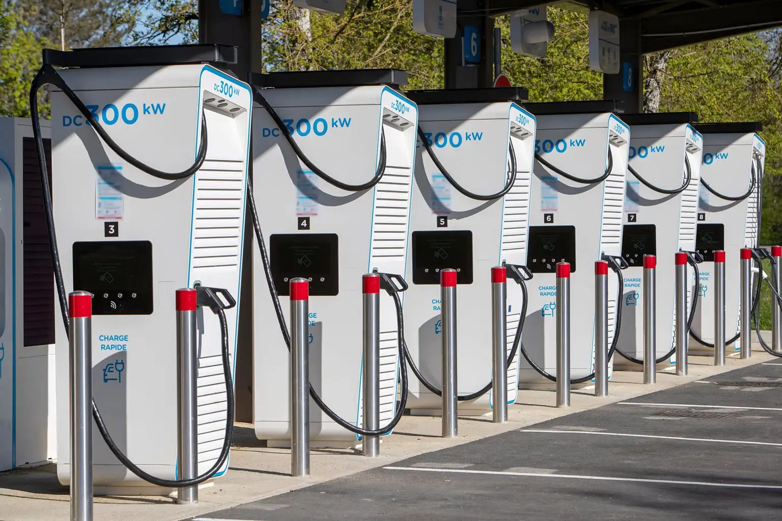 Row of ultra rapid EV chargers