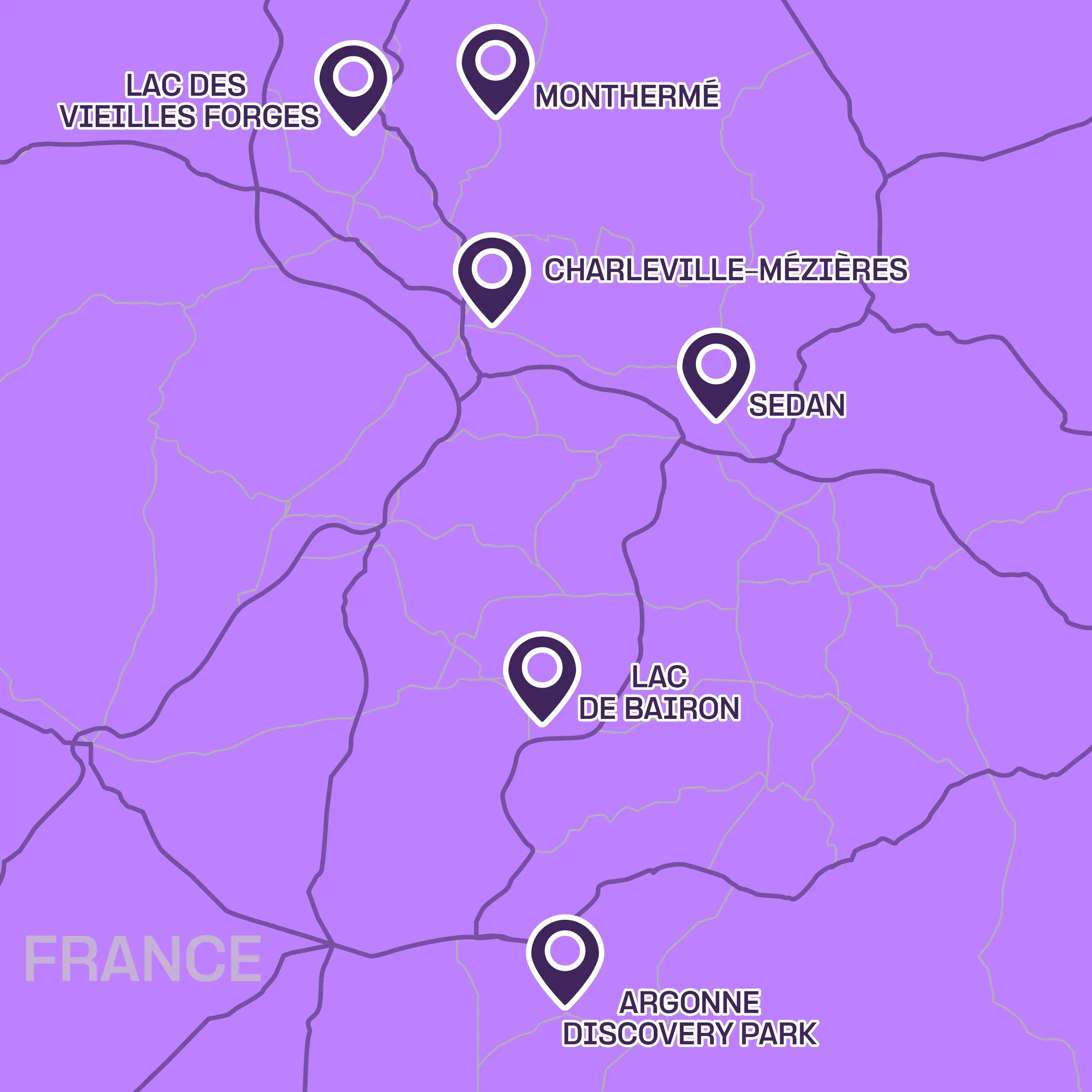 An illustrative map of the itinerary through the French Ardennes, starting in Charleville-Mézières and ending in Lac des Vieilles Forges