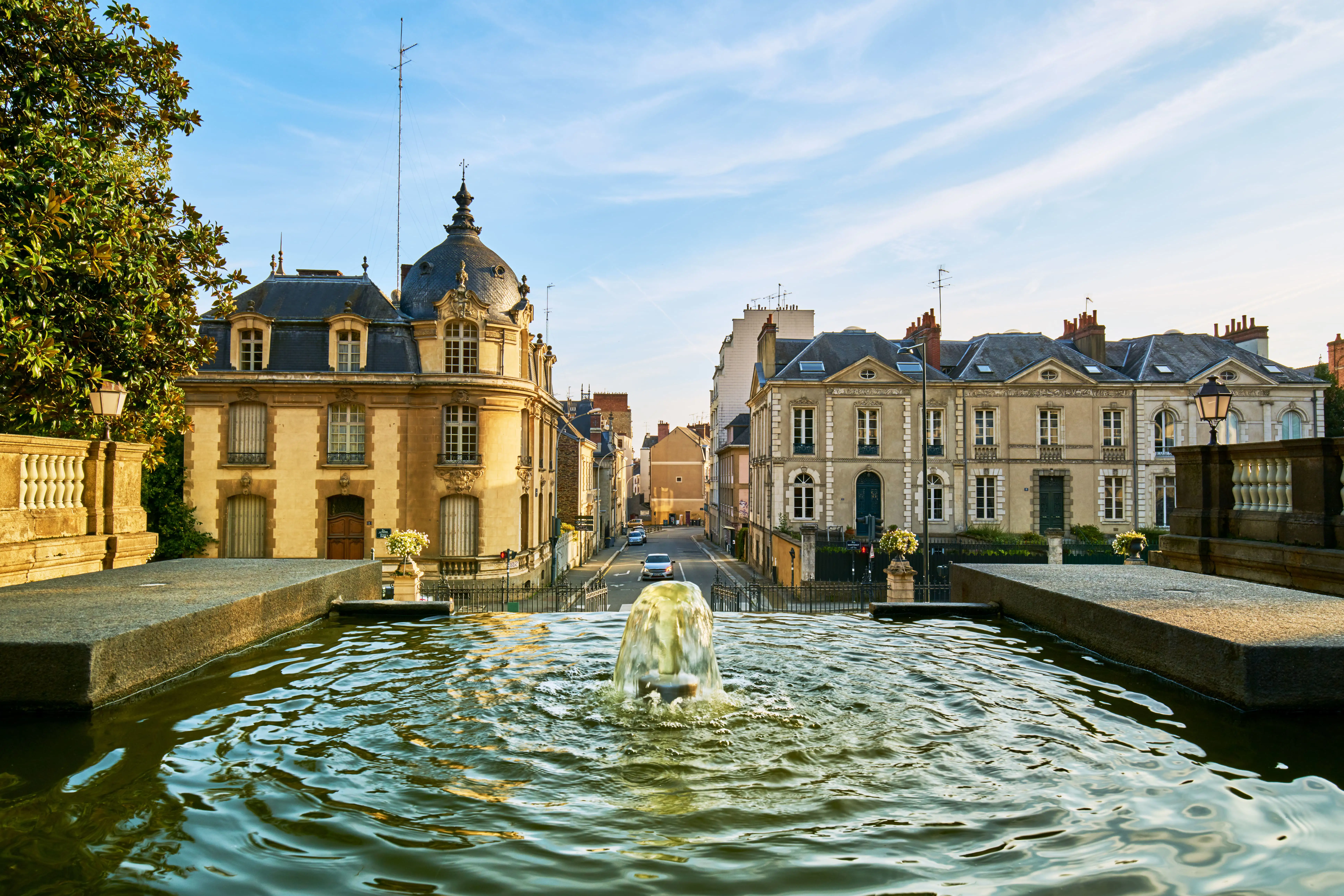 A fountain and stone buildings, Rennes, France