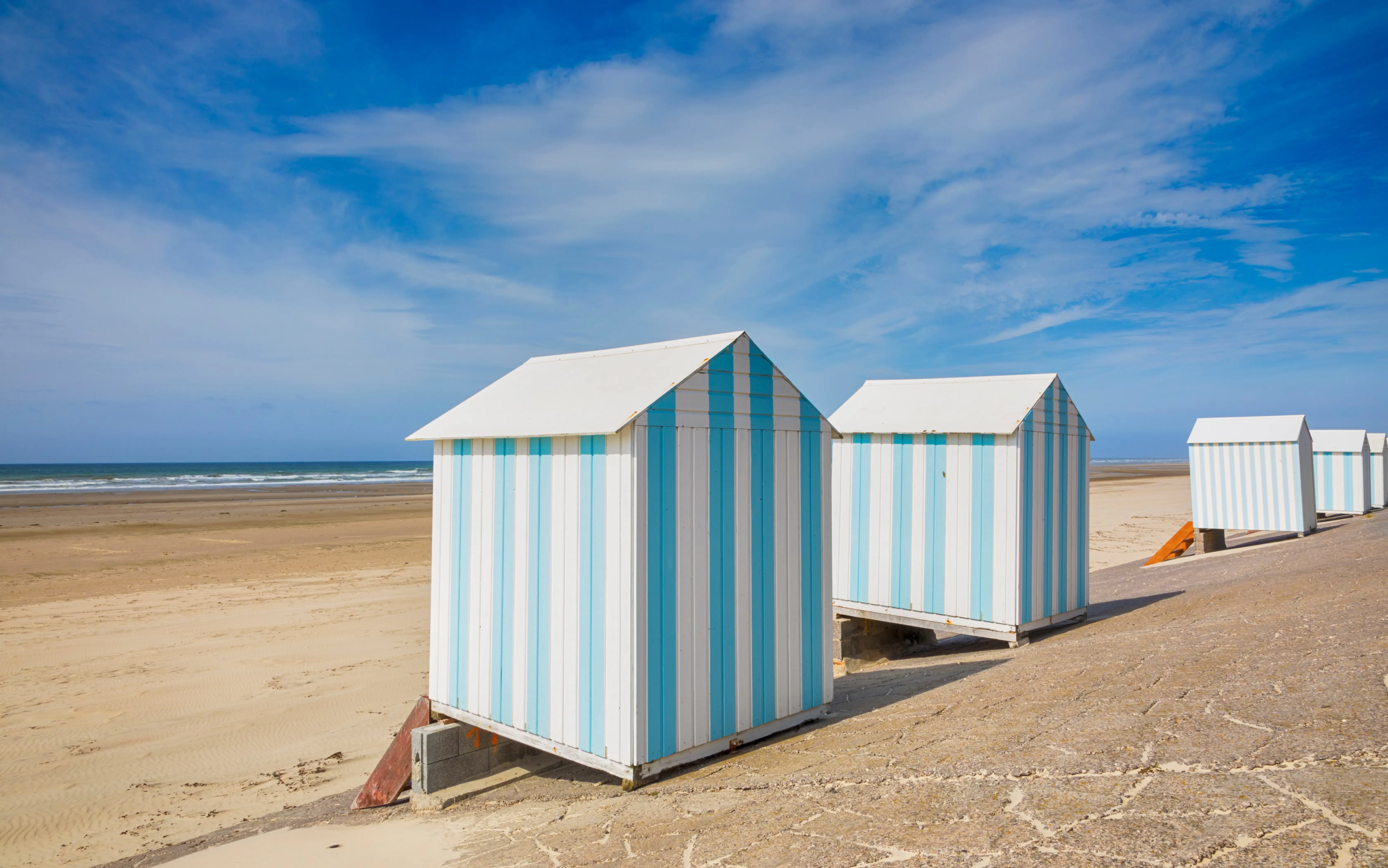 Blue and white striped beach huts, Hardelot-Plage, France