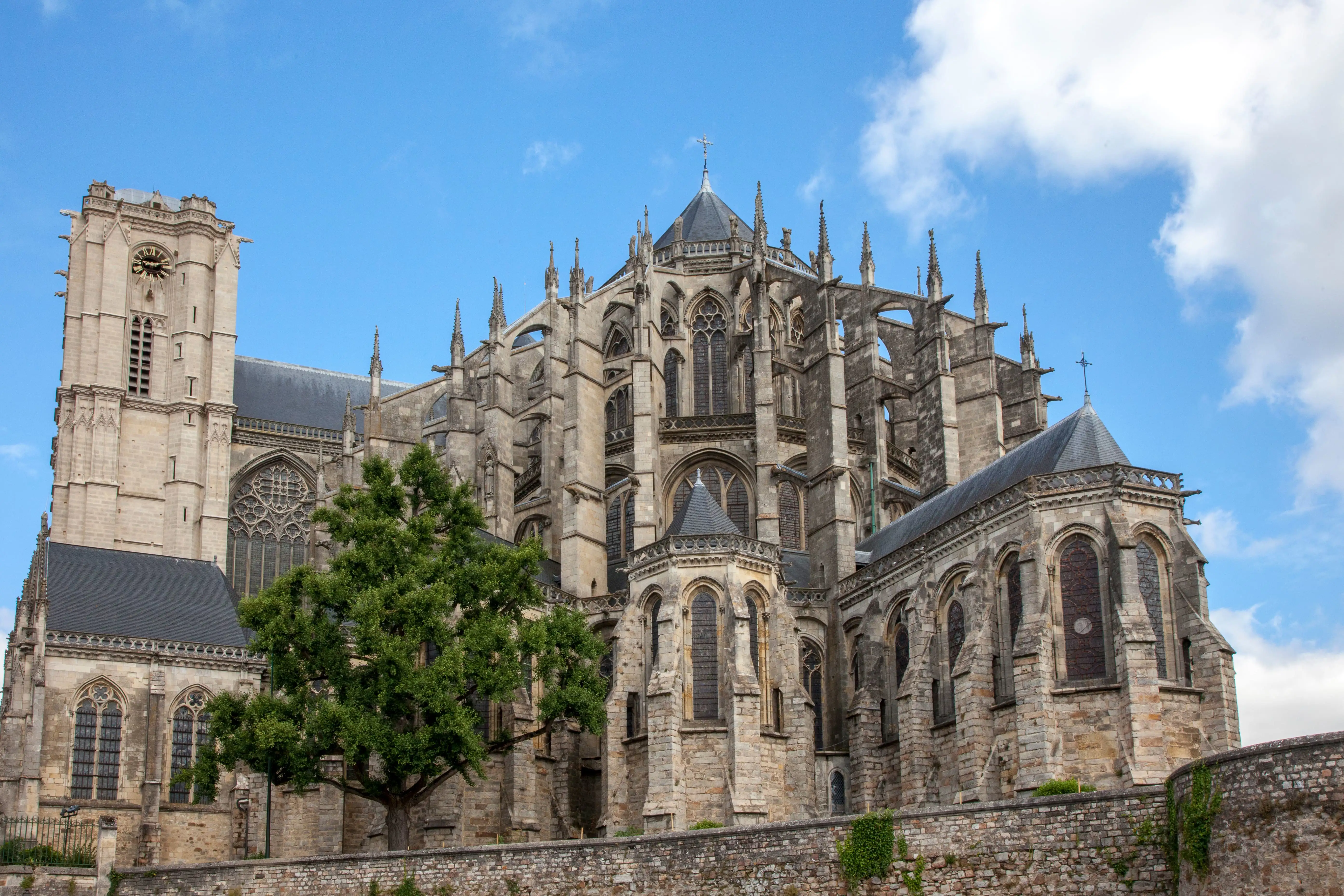 Saint Julien Cathedral in Le Mans, France, under a bright blue sky with a tree in the foreground.