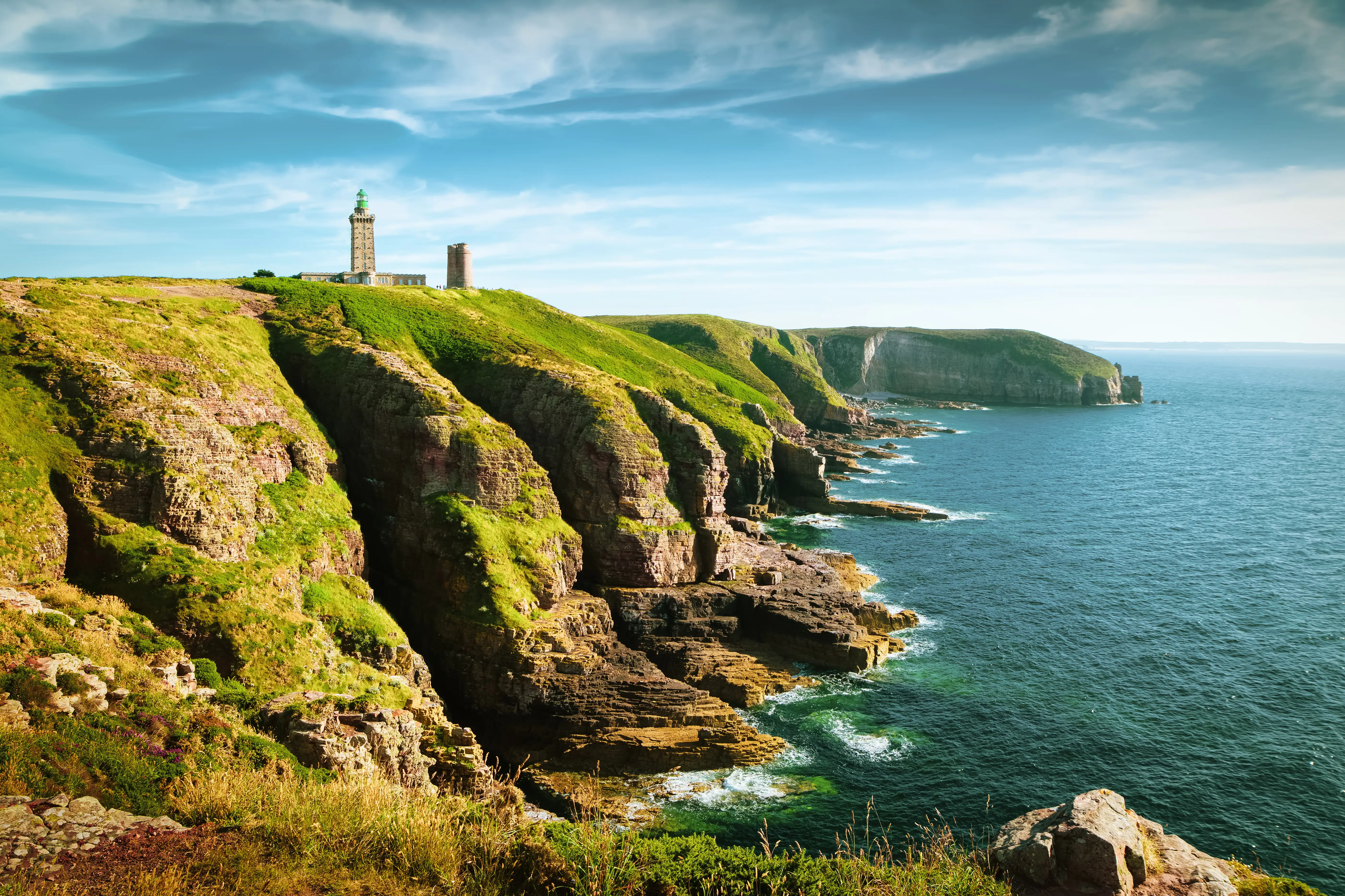 Panoramic view of scenic coastal landscape, Cap Frehel peninsula, Brittany