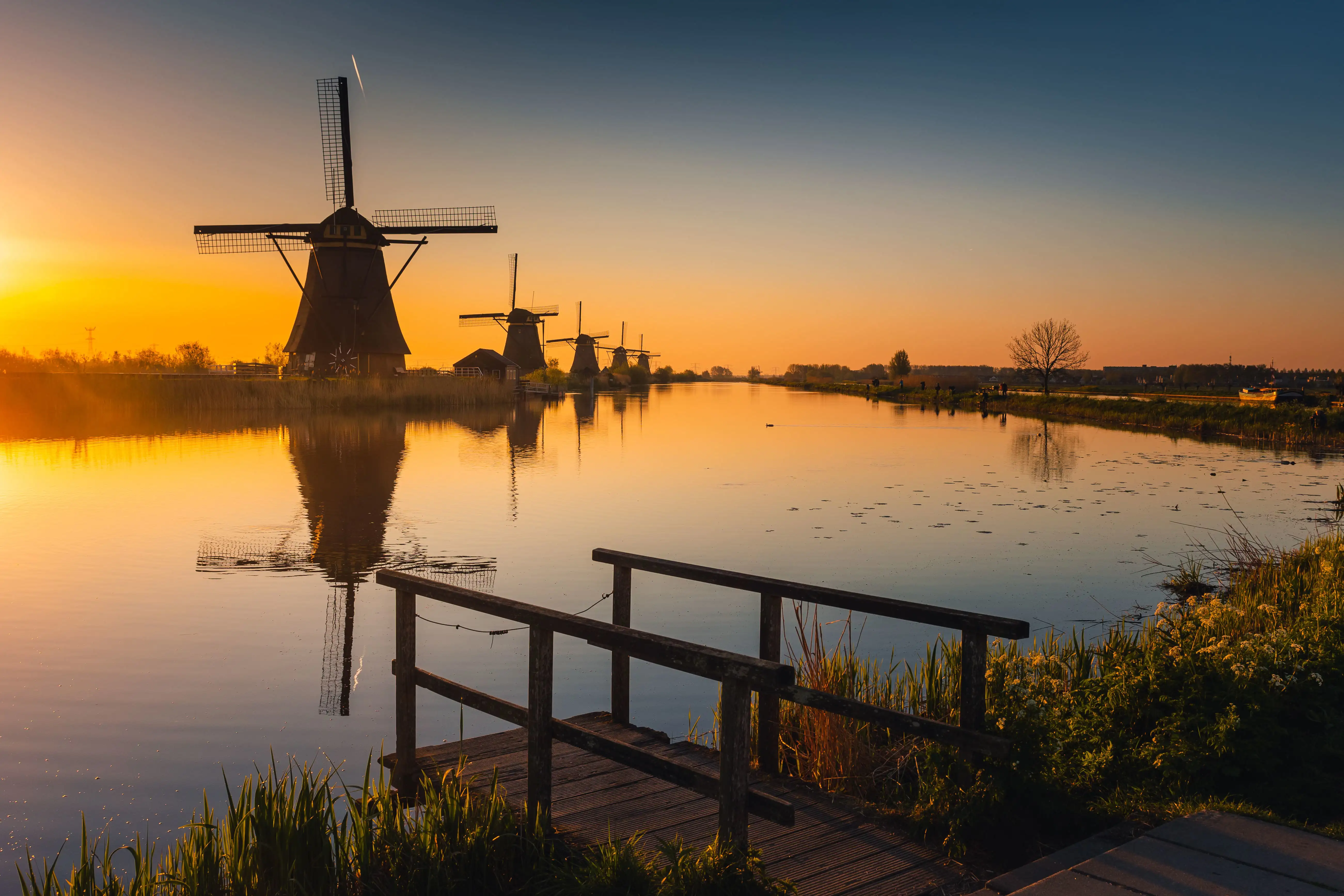 Beautiful sunrise over windmills of Kinderdijk, Netherlands