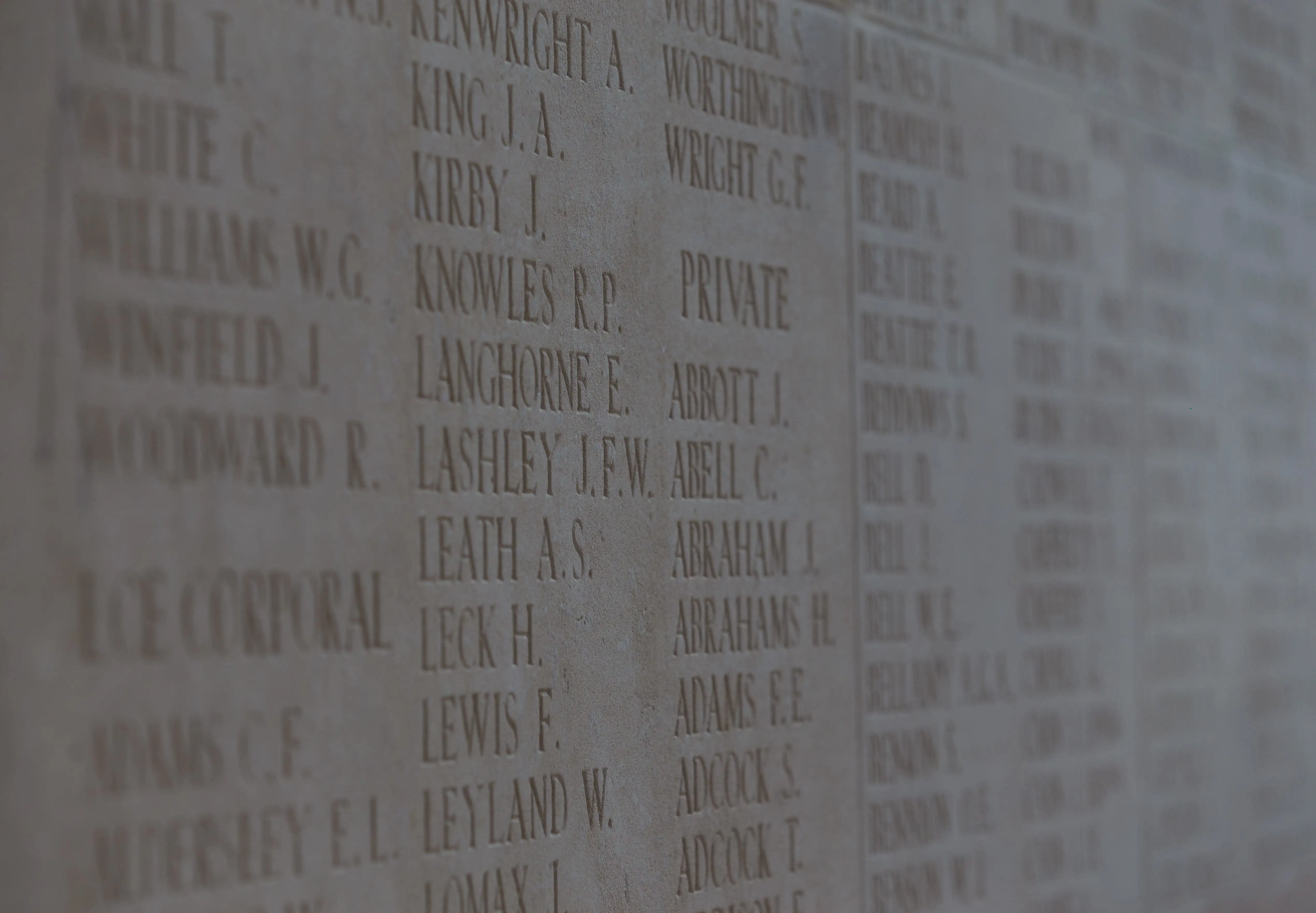Inscribed names on a stone wall, Thiepval Memorial to the Missing