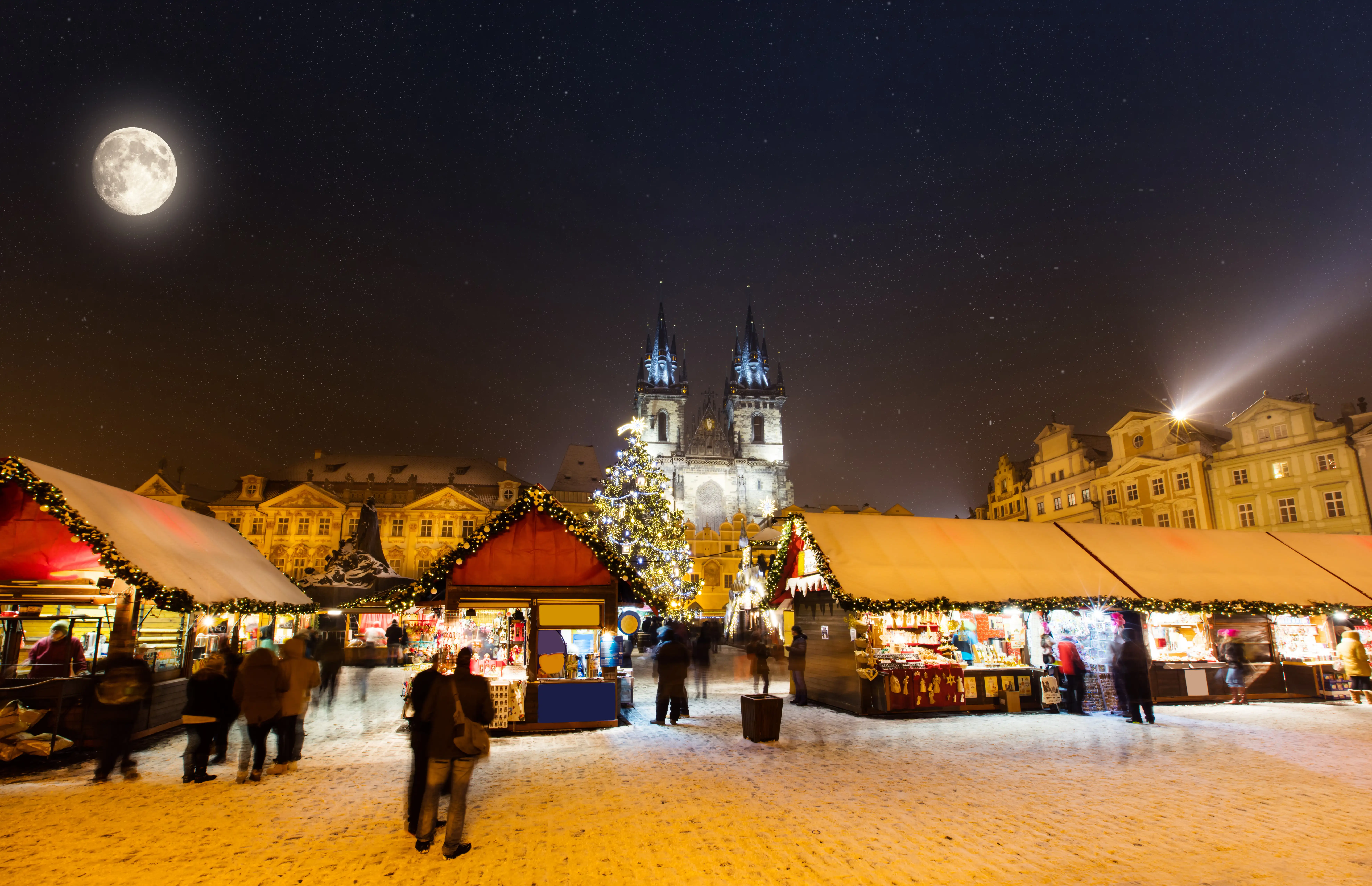 Snowy scene at a Christmas market, Prague