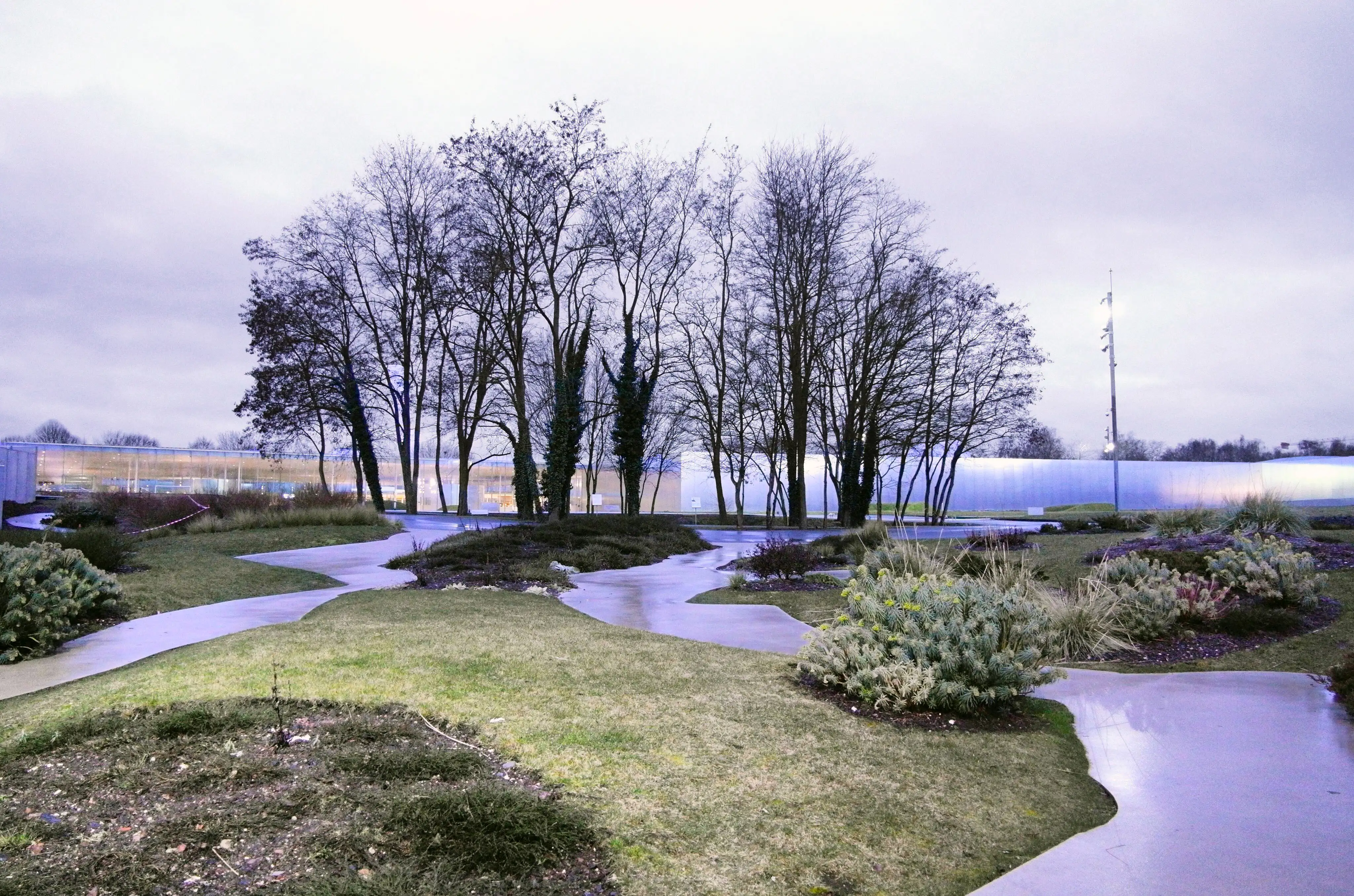 Trees, low bushes and pathways with a low modern building in the background
